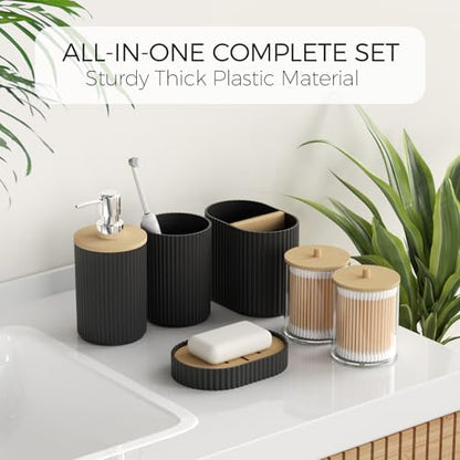 Black Bathroom Accessories Set, Bathroom Set with Shower Curtain and Rugs, Trash Can, Toilet Brush with Holder, Soap Dispenser, Toothbrush Holder, Cup, Soap Dish, Qtip Holders, Hooks, Restroom Decor