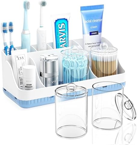 Bathroom Counter Organizer and Storage with 2 Pack Qtip Holder Dispenser, 7 Slots Detachable Toothbrush Holders for Bathrooms, Anti-Slip Electric Toothbrush and Toothpaste Holder Countertop