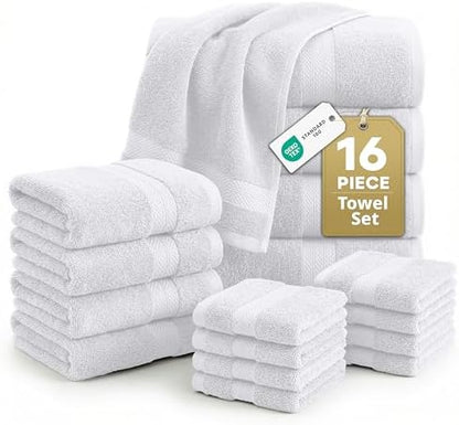 LANE LINEN Bath Towel Set 100% Cotton 16 Piece Soft Absorbent - White
