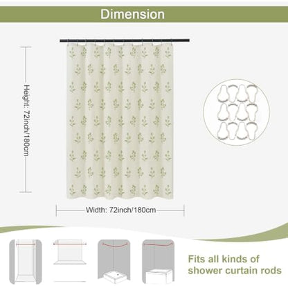 ORTIGIA Linen Shower Curtain Cottagecore Vintage Green Floral 72 W x 72 L