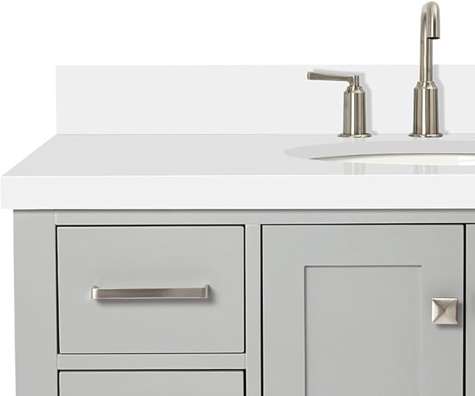 ARIEL Cambridge 42-inch Bathroom Vanity with Sink,Solid Wood, 1.5-inch Pure White Quartz Countertop & Backsplash, Single Oval Porcelain Sink, 2 Soft Closing Doors, 9 Dovetail Drawers, Grey