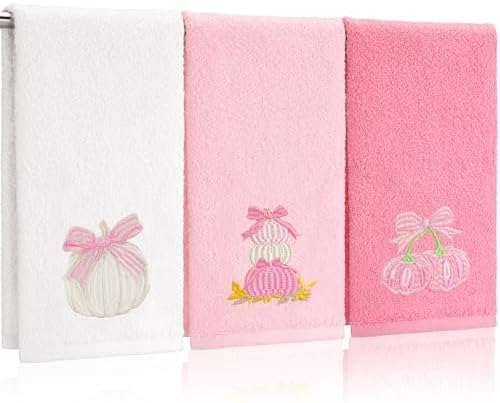 FuWeave 3 Pcs Pink Fall Pumpkin Bowknot Hand Towels for Bathroom