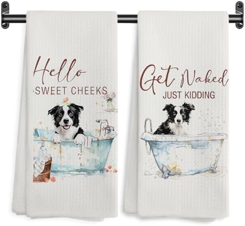 Funny Border Collie Hand Towels, Hello Sweet Cheeks Bathroom Decor, Border Collie Gifts Decorative Hand Towels for Bathroom Washroom Restroom, 16x24 Inch Set of 2