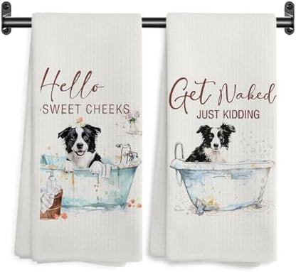 Funny Border Collie Hand Towels, Hello Sweet Cheeks Bathroom Decor, Border Collie Gifts Decorative Hand Towels for Bathroom Washroom Restroom, 16x24 Inch Set of 2