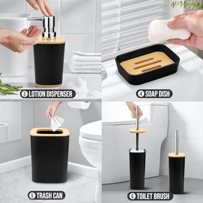 Hommtina Bamboo Bathroom Accessory Set, 6 Pcs Bathroom Essential Includes Toothbrush Cup, Toothbrush Holder, Soap Dispenser, Soap Dish, Toilet Brush with Holder, Trash Can (Black Square)