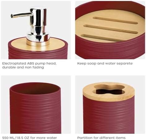 4PCS Burgundy Bathroom Set, Soap Dispenser, Dish & Bamboo Holder, Rustic