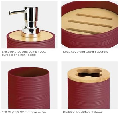 4PCS Burgundy Bathroom Set, Soap Dispenser, Dish & Bamboo Holder, Rustic