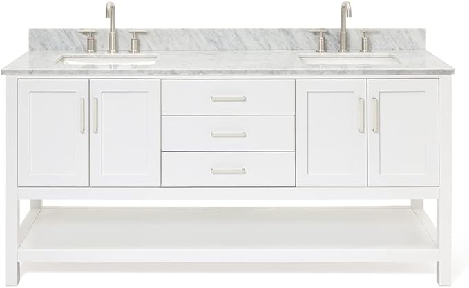 ARIEL Magnolia 72-inch Bathroom Vanity with Sink,Solid Wood, 0.75-inch Italian Carrara Marble Countertop, Double Rectangular Porcelain Sink, 4 Soft Closing Doors, 3 Dovetail Drawers, White