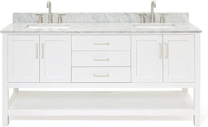 ARIEL Magnolia 72-inch Bathroom Vanity with Sink,Solid Wood, 0.75-inch Italian Carrara Marble Countertop, Double Rectangular Porcelain Sink, 4 Soft Closing Doors, 3 Dovetail Drawers, White