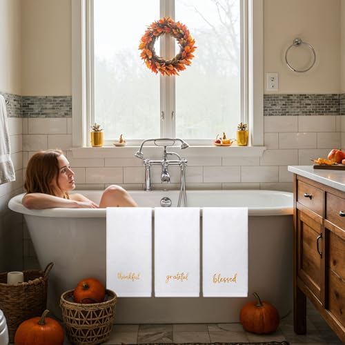 JarThenaAMCS 3Pcs Fall Bathroom Decor Hand Towels Autumn Thanksgiving Cotton Embroidered Towel White Gold Absorbent Bath Towel for Farmhouse Kitchen Hand Drying Cleaning Cooking, 29.5 x 13.7 Inch