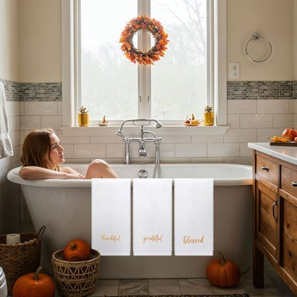 JarThenaAMCS 3Pcs Fall Bathroom Decor Hand Towels Autumn Thanksgiving Cotton Embroidered Towel White Gold Absorbent Bath Towel for Farmhouse Kitchen Hand Drying Cleaning Cooking, 29.5 x 13.7 Inch