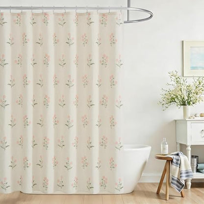ORTIGIA Linen Shower Curtain 72 W x 84 L Farmhouse Vintage Pink Green Floral Shower Curtains Boho Rustic Block Print Cottagecore Decor for Bathroom