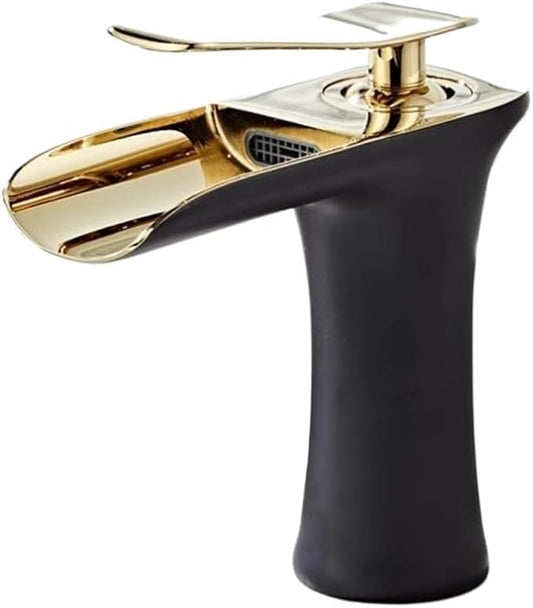 Faucet Modern Single Handle Brass Bathroom Faucet Deck Mounted Mixer Tap for Basin Hot and Cold Water(Black Gold,Short) Faucet