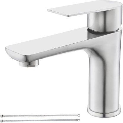 Single Hole Bathroom Faucet, Stainless Steel Bathroom Faucets, Brushed Nickel Commercial Bathroom Sink Faucet,Single Handle Bathroom Sink Faucet with Supply Lines, BF019L