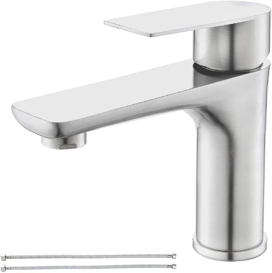 Single Hole Bathroom Faucet, Stainless Steel Bathroom Faucets, Brushed Nickel Commercial Bathroom Sink Faucet,Single Handle Bathroom Sink Faucet with Supply Lines, BF019L