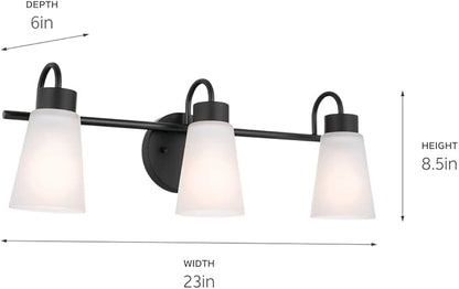 Kichler Erma 3-Light Bathroom Vanity Light Fixture with Clear Satin Etched Glass, Updated Traditional Wall Light in Black, (23" x 8.5")