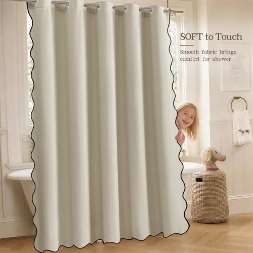 Furlinic Scalloped No Hook Shower Curtain Fabric Cute Beige Modern 48x75