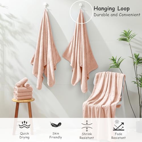 18 Pcs Pink Woven Family Towels Set-6 Bath Sheets,6 Hand Towels,6 Washcloths Soft Polyester Towels Absorbent Shower Towel Quick Dry Beach Chair Towel Lint Less Towels Set for Bathroom Spa Gym Hotel