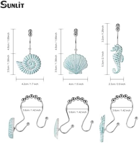 Sunlit Seashells Decorative Double Shower Curtain Hooks, Aqua Blue Ocean Creatures Coastal Shower Curtain Rings, Resin, Nautical Bathroom Decoration Beach Shower Curtain Hooks-12 Pack