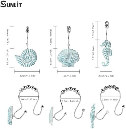 Sunlit Seashells Decorative Double Shower Curtain Hooks, Aqua Blue Ocean Creatures Coastal Shower Curtain Rings, Resin, Nautical Bathroom Decoration Beach Shower Curtain Hooks-12 Pack