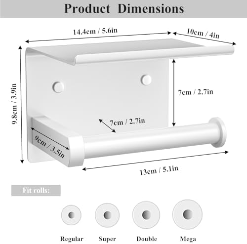 Tindbea Toilet Paper Holder with Phone Shelf, Adhesive or Screw Wall Mount Toilet Tissue Roll Holder, Rustproof & Multifunctional Stainless Steel Bathroom Storage Dispenser (White)