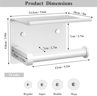 Tindbea Toilet Paper Holder with Phone Shelf, Adhesive or Screw Wall Mount Toilet Tissue Roll Holder, Rustproof & Multifunctional Stainless Steel Bathroom Storage Dispenser (White)