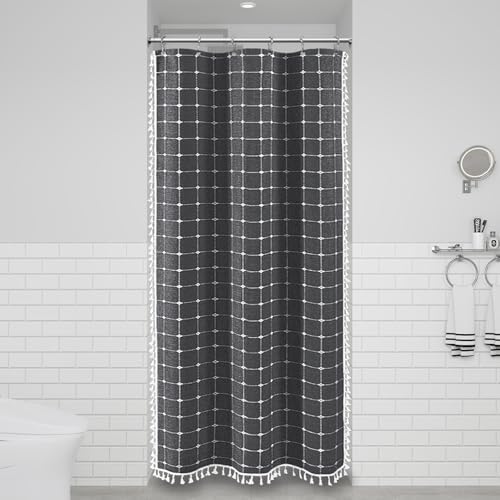 BTTN Stall Boho Farmhouse Linen Shower Curtain Set, 36x72, Charcoal Gray