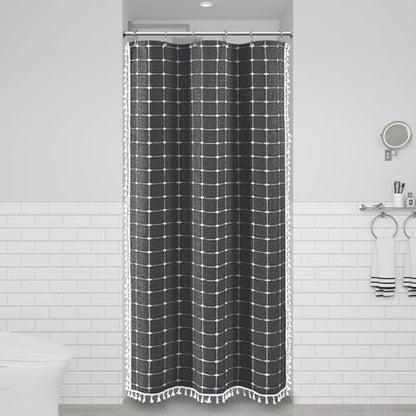 BTTN Stall Boho Farmhouse Linen Shower Curtain Set, 36x72, Charcoal Gray