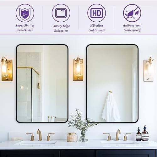 Antok 22x30 Black Metal Framed Bathroom Mirror, Wall Mirror with Round Corners, Vanity Mirror for Over Sink, Anti-Rust Tempered Glass, Horizontal/Vertical Hanging for Bathroom, Living Room, Entryway