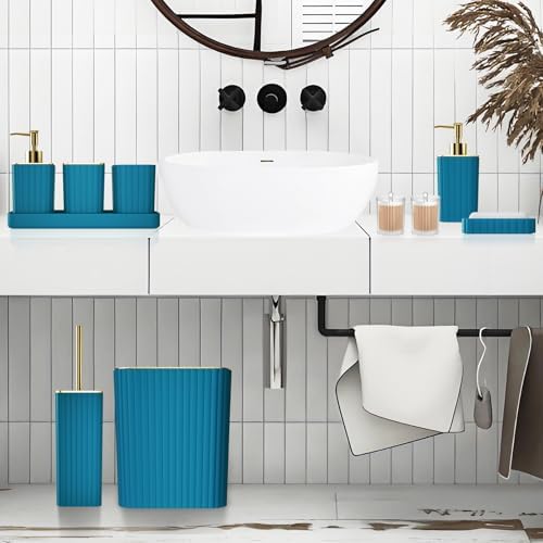 XLHOMO Bathroom Accessories Set - Gorgeous Bathroom Set, 10PC Teal Bathroom Accessory Set, Toilet Brush, Trash Can, Qtip Holder Dispenser & Soap Dispenser