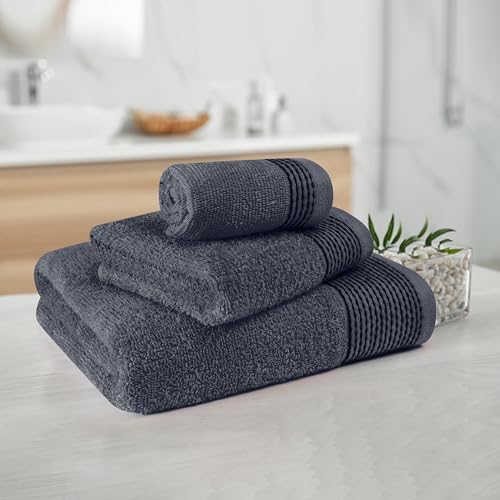 Belizzi Home Ultra Soft 3 Pack Cotton Towel Set, Contains a Bath Towel 28x55 inch, a Hand Towel 16x24 inch & a Wash Coth 12x12 inch, Ideal Everyday use, Compact & Lightweight -Charcoal Grey