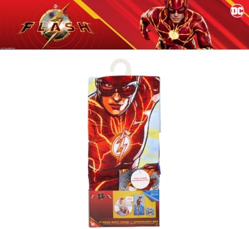 The Flash Kids Bath/Pool/Beach Soft Absorbent Cotton Terry Towel with Washcloth 2 Piece Set, 50 in x 25 in, (Officially Licensed Product) by Franco
