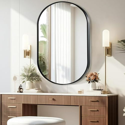 Black Oval Mirror, 17"x30" Oval Bathroom Mirror, Vanity Mirror with Brushed Metal Frame, Wall Mount Mirrors Decor for Bathroom, Bedroom, Entryway, Living Room(Hangs Horizontally or Vertically)