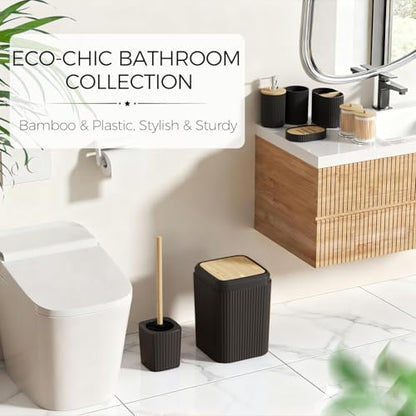 Black Bathroom Accessories Set, Bathroom Set with Shower Curtain and Rugs, Trash Can, Toilet Brush with Holder, Soap Dispenser, Toothbrush Holder, Cup, Soap Dish, Qtip Holders, Hooks, Restroom Decor