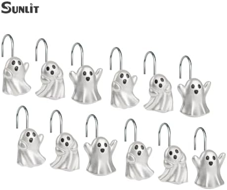Sunlit Ghost Shower Curtain Hooks, Home Decorative Shower Curtain Rings for Bathroom, Halloween Shower Curtain Hangers Bathroom Accessories, Set of 12, Silver