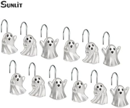 Sunlit Ghost Shower Curtain Hooks, Home Decorative Shower Curtain Rings for Bathroom, Halloween Shower Curtain Hangers Bathroom Accessories, Set of 12, Silver