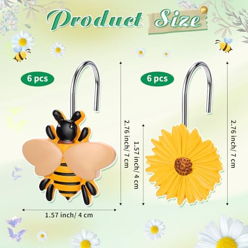 Thyle 12 Pcs Spring Daisy Flower Bee Shower Curtain Hooks, Spring Flower Resin Ornament Rings Cute Yellow Shower Curtain Hooks Decorative Rings for Home Holiday Wedding Bathroom Bedroom Accessories