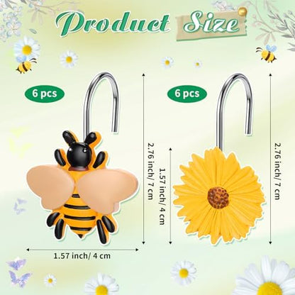 Thyle 12 Pcs Spring Daisy Flower Bee Shower Curtain Hooks, Spring Flower Resin Ornament Rings Cute Yellow Shower Curtain Hooks Decorative Rings for Home Holiday Wedding Bathroom Bedroom Accessories