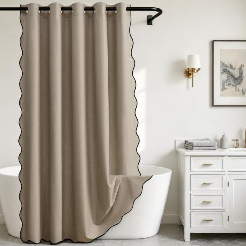 Furlinic Scalloped Greige No Hook Shower Curtain 96 Inch Extra Wide 96x75