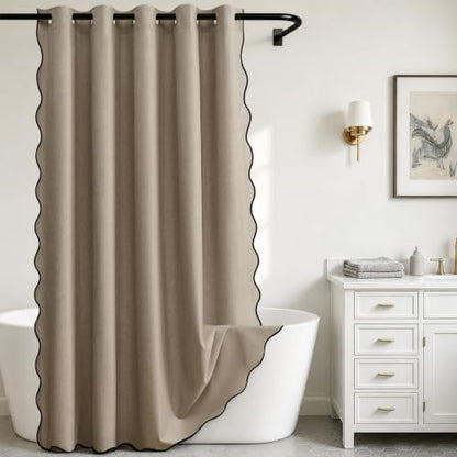 Furlinic Scalloped Greige No Hook Shower Curtain 96 Inch Extra Wide 96x75