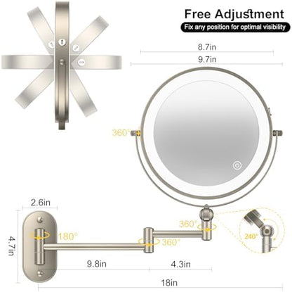 IMIKONA 9" Wall Mounted Lighted Makeup Mirror,4000mAh Rechargeable Double Sided 1X/10X Magnifying Mirror with Light,3 Color Lights,Touch Dimmable,Extended Arm 360 Rotation Wall Mounted Makeup Mirror
