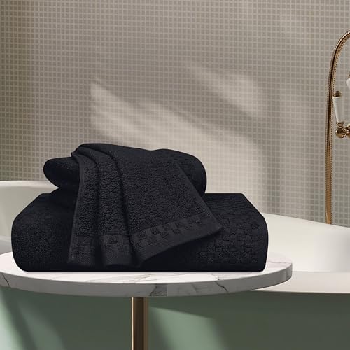 MyOwn Ultra Soft 3 Pack Cotton Towel Set, Contains a Bath Towels 28x55 inch, a Hand Towels 16x24 inch & a Wash Coths 12x12 inch, Ideal Everyday use, Compact & Lightweight - Black