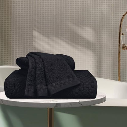 MyOwn Ultra Soft 3 Pack Cotton Towel Set, Contains a Bath Towels 28x55 inch, a Hand Towels 16x24 inch & a Wash Coths 12x12 inch, Ideal Everyday use, Compact & Lightweight - Black