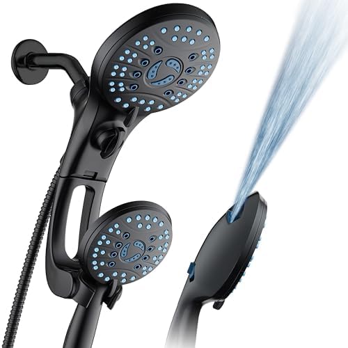 AquaCare 50-mode High Pressure Shower Head Combo with Arm & Dual Power Wash | Hygienic Jets, 2-mode Handheld Power Wash for Tub, Tile & Pets, Long 6 ft. Stainless Steel Hose, Extra Wall Bracket / Black