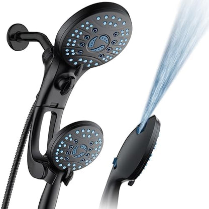 AquaCare 50-mode High Pressure Shower Head Combo with Arm & Dual Power Wash | Hygienic Jets, 2-mode Handheld Power Wash for Tub, Tile & Pets, Long 6 ft. Stainless Steel Hose, Extra Wall Bracket / Black