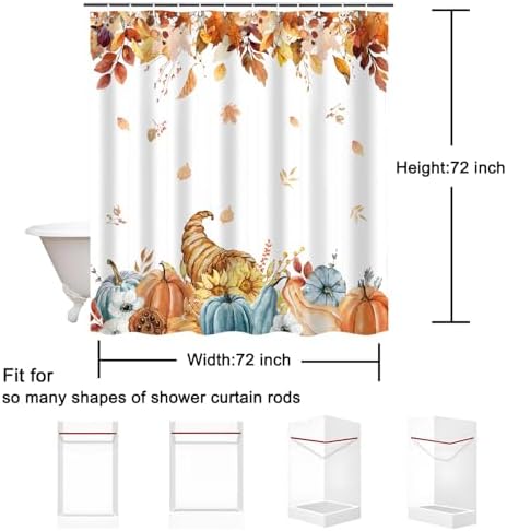 Fall Pumpkins Shower Curtain, Autumn Leaves Thanksgiving Harvest Bathroom Bathtubs Decor, Waterproof Polyester Fabric Bathroom Curtain with Hooks 72x72 in