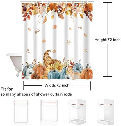 Fall Pumpkins Shower Curtain, Autumn Leaves Thanksgiving Harvest Bathroom Bathtubs Decor, Waterproof Polyester Fabric Bathroom Curtain with Hooks 72x72 in