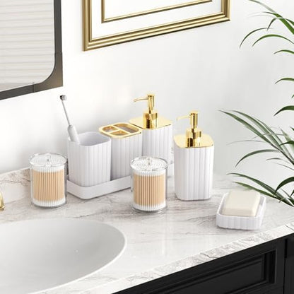 XLHOMO Bathroom Accessories Set - Gorgeous Bathroom Set, 10PC White Bathroom Accessory Set, Toilet Brush, Trash Can, Qtip Holder Dispenser & Soap Dispenser