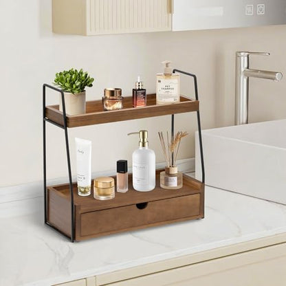 2-Tier Bathroom Countertop Organizer with Drawer, Wood Vanity Shelf Brown