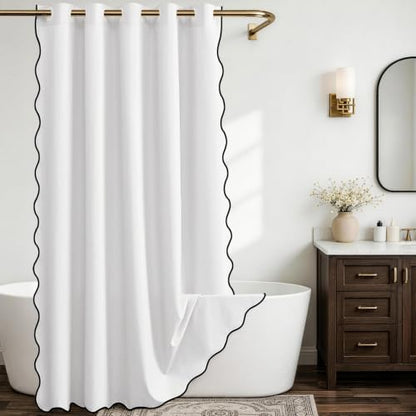 Furlinic Scalloped Linen White Shower Curtain No Hook Wide Fabric W78 x H75